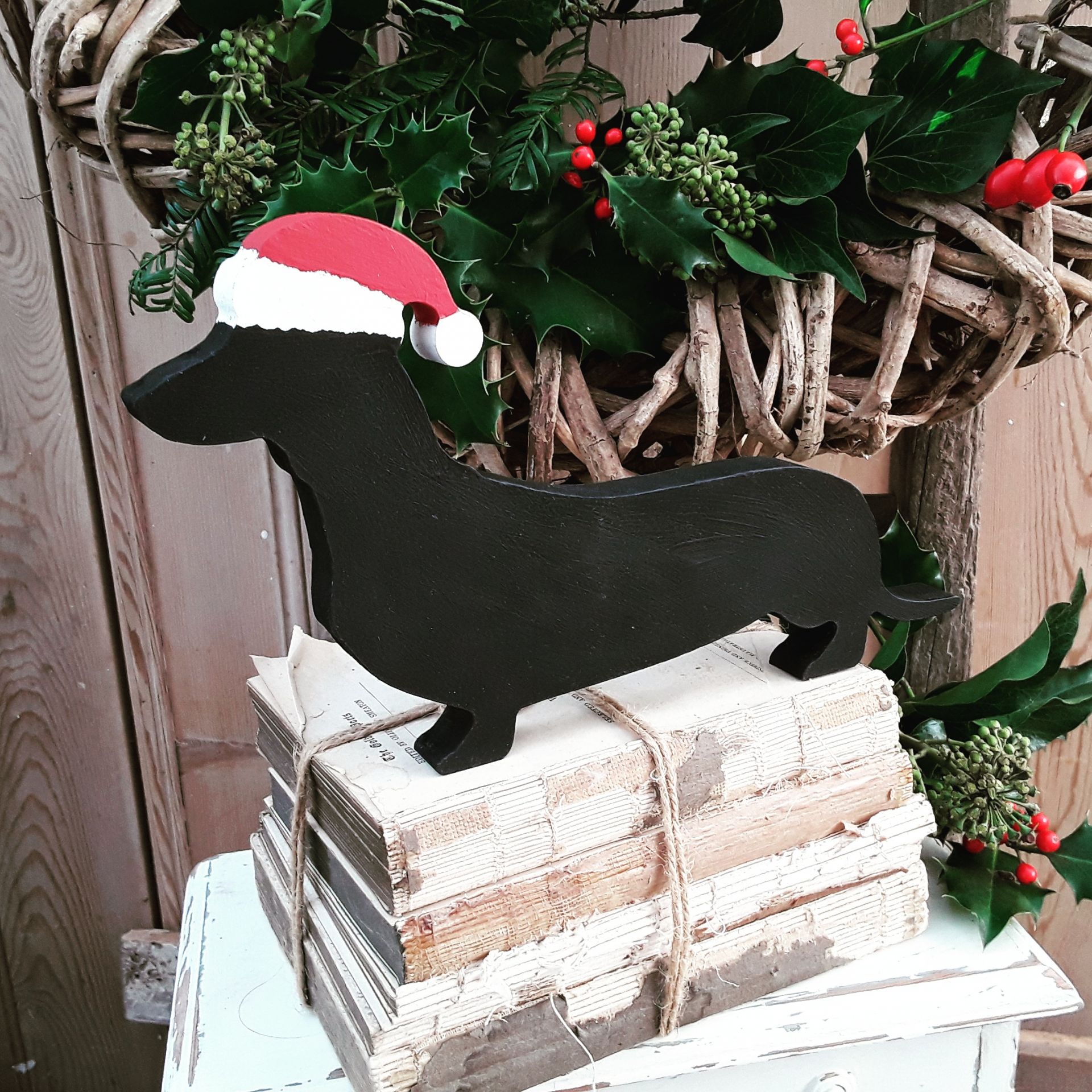 Hand Painted Wooden Dachshund Christmas Decoration For Sale