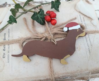 Hand Painted Hanging Wooden Christmas Dachshund Decoration