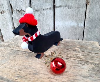 Painted Wooden Christmas Black & Tan Dachshund