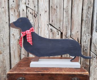 Large Painted Wooden Black And Tan Dachshund