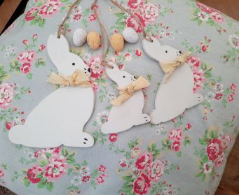 White Wooden Bunny Tail Decoration With A Bow