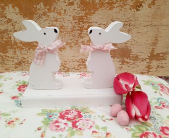 Handpainted White Wooden Bunny Duo Ornament