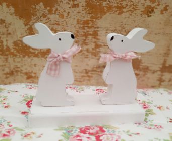 Handpainted White Wooden Bunny Duo Ornament