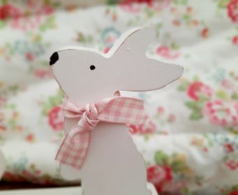 Handpainted White Wooden Bunny Duo Ornament