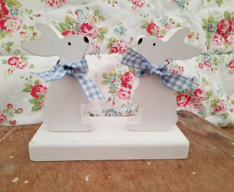 Handpainted White Wooden Bunny Duo Ornament