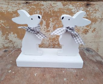 Handpainted White Wooden Bunny Duo Ornament