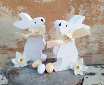 Handpainted White Wooden Paws Up Bunny