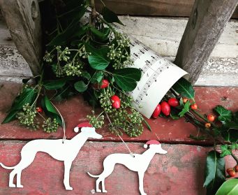 Hanging Whippet Wooden Christmas Decorations Painted With Skimming Stone