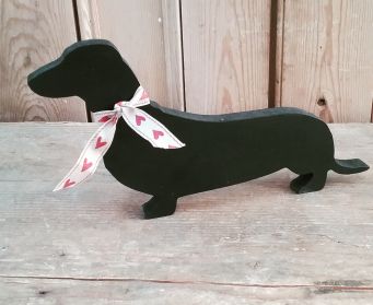  Black Handpainted  Wooden Dachshund with Hearts Ribbon