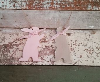 A Pair of Hand Painted Hanging Wooden Paws Up Bunnies