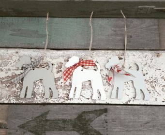 Painted Hanging Wooden Terrier Decorations With Ribbons