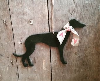 Large Hanging Black Greyhound With Hearts Ribbon