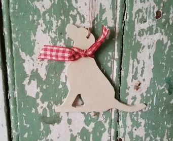 Large Hanging Labrador Painted With Farrow and Ball Hay With Red Gingham Ribbon