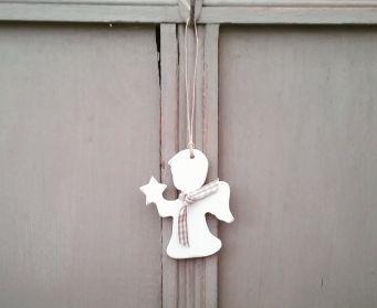 Painted Wooden Angels Decoration With A Grey Gingham Ribbon