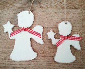 Small And Large Hanging Wooden Angel Decorations With Red Gingham Bows