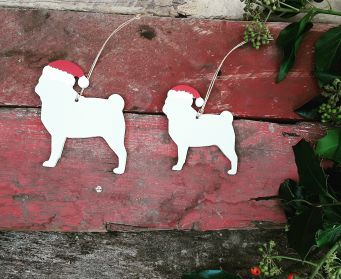 Small and Large Hanging Pug Decorations Painted With Farrow and Ball Skimming Stone