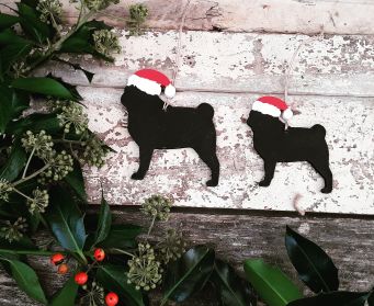 Handpainted Small and Large Pug Wooden Hanging Decoration Painted With Darrow and Ball Pitch Black