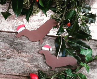 Chocolate Brown Hanging Wooden Painted Dachshund Christmas Decorations 