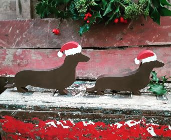 A Pair of Painted Wooden Dachshund Christmas Decorations