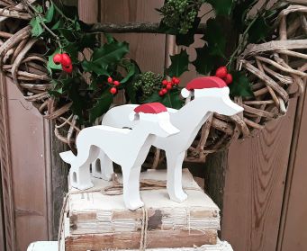 Small and Large Wooden Whippet Christmas Decorations Painted With Skimming Stone
