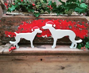Small and Large Whippet Christmas Decorations Painted With Moonshine Grey