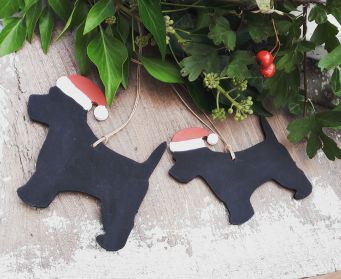 Christmas Handpainted Hanging Wooden Scottie Dog Decorations