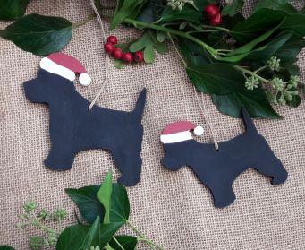 Christmas Handpainted Hanging Wooden Scottie Dog Decorations