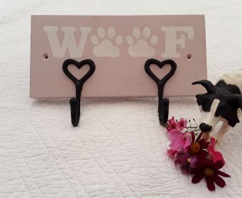 Handpainted Wooden WOOF Dog Lead Hooks Antoinette pink 