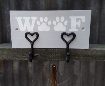 Handpainted Wooden WOOF Dog Lead Hooks Paris Grey