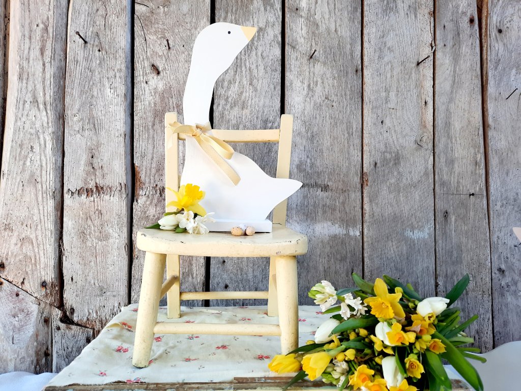 Large White Wooden Goose With Yellow Beak