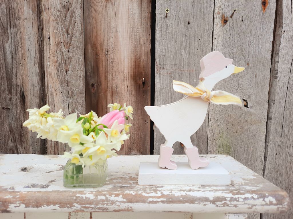 Wooden Welly Duck With A Bonnet