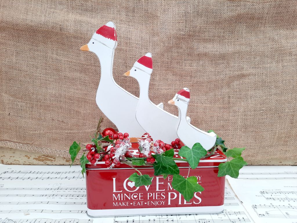 Handpainted Wooden Goose Decoration With Christmas Hat