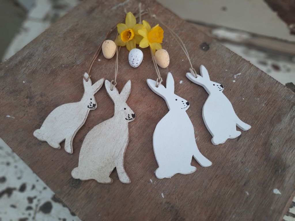 Hanging White Wood Hare Decoration