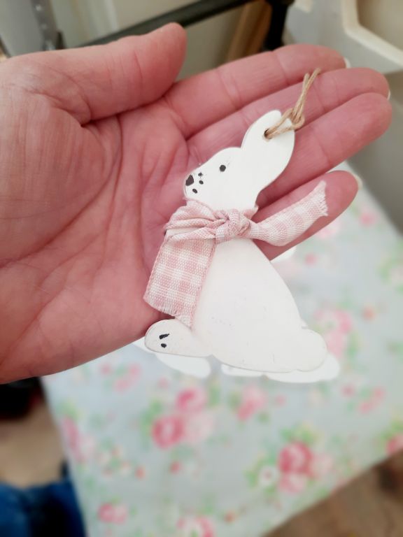 White Wooden Bunny Tail Decoration With A Bow