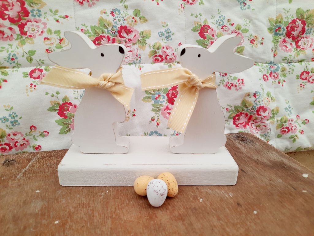 Handpainted White Wooden Bunny Duo Ornament