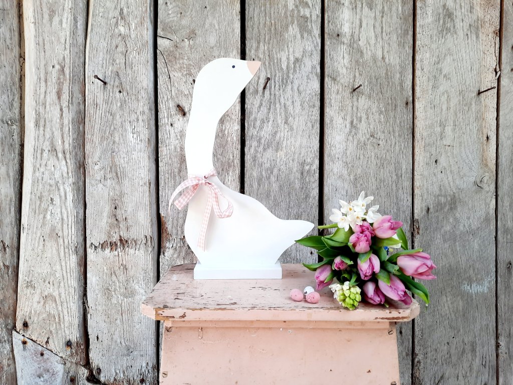 Large White Wooden Goose With Pink Beak