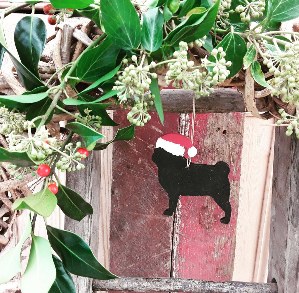 Hanging Wooden Painted Christmas Pug Decorations