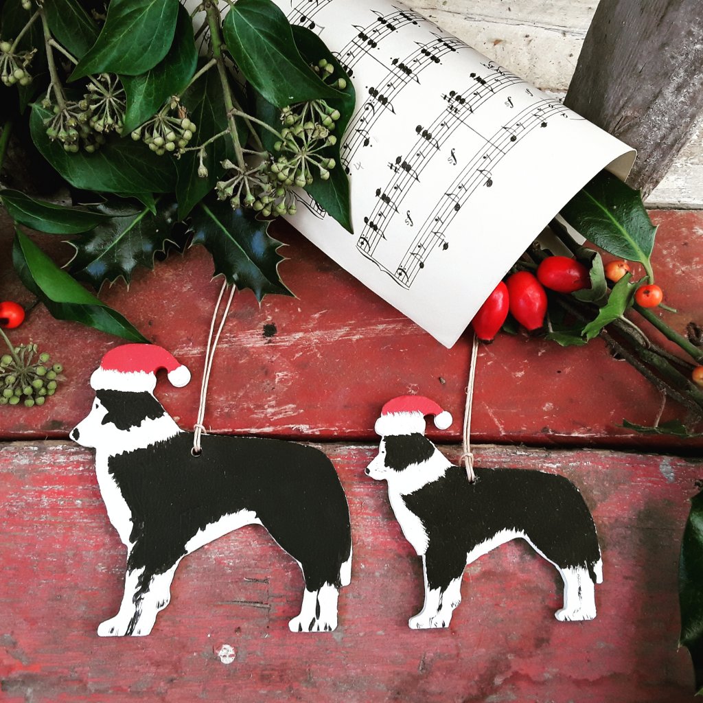 Handpainted Hanging Wooden Collie Christmas Decorations
