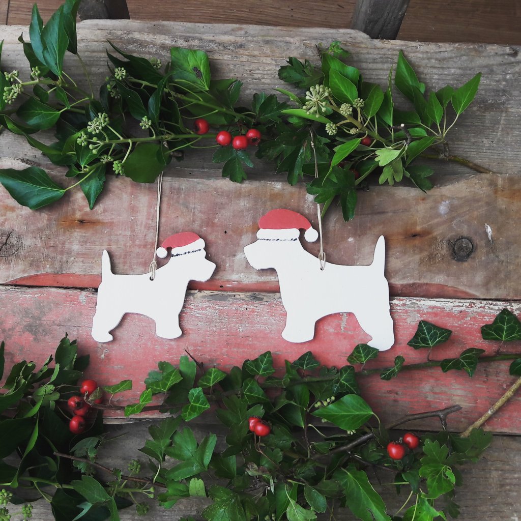 Christmas Handpainted Hanging Wooden Scottie Dog Decorations